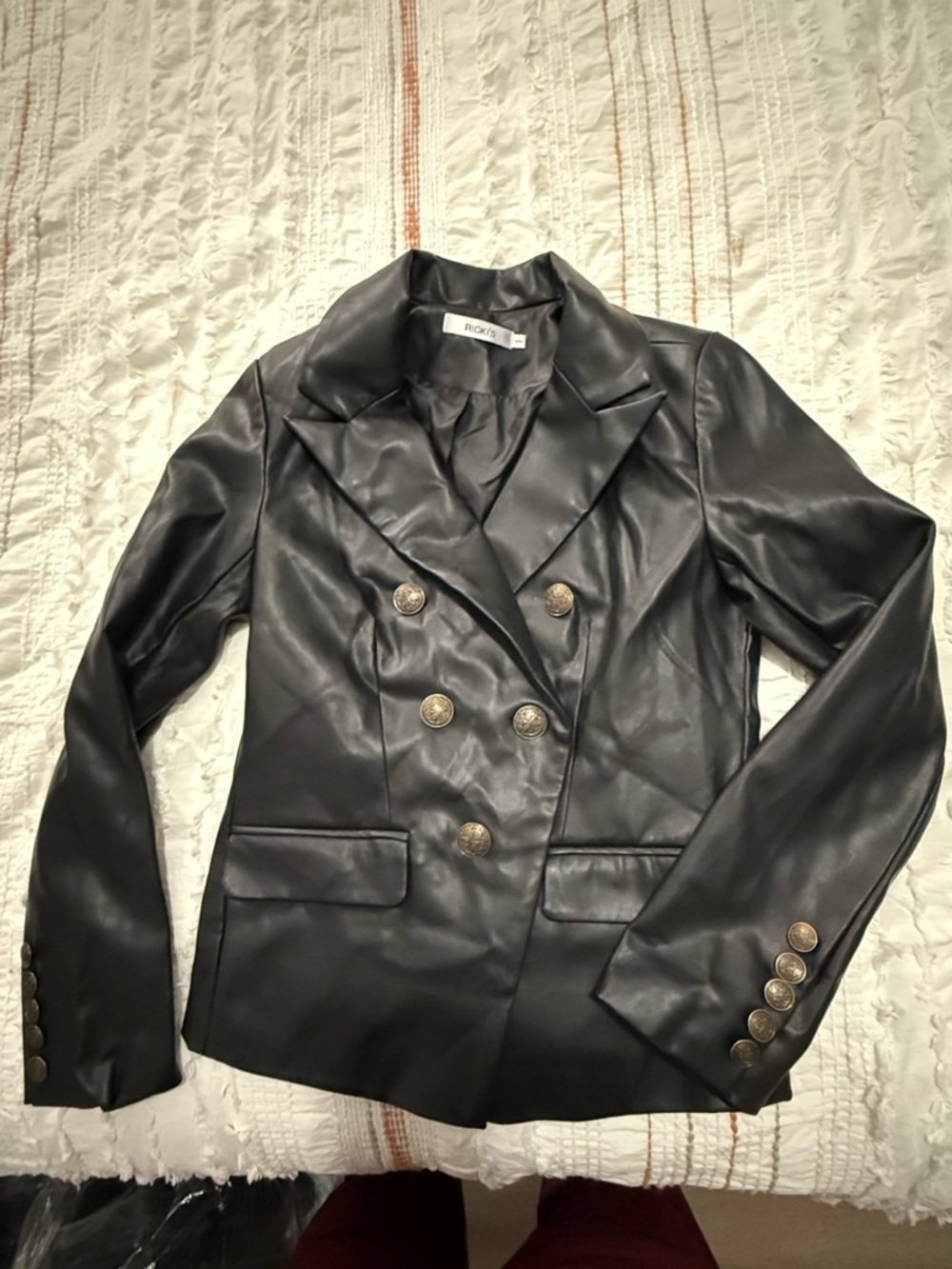 Faux Leather Double-Breasted Black Blazer Jacket